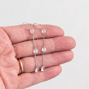 Dainty minimalist Diamonique long style 3 stone threader faux diamond & silver